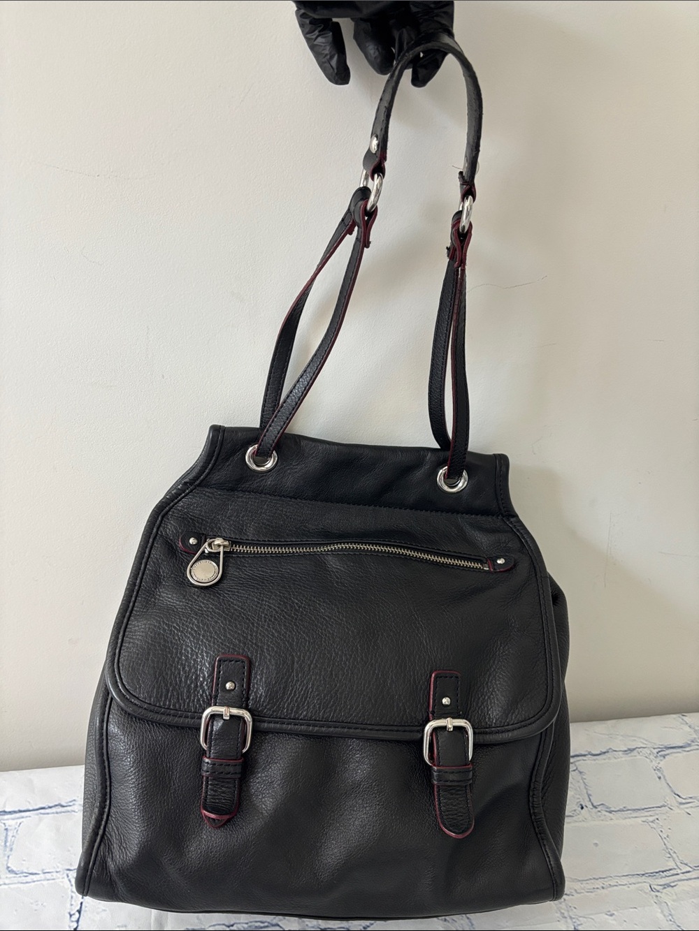 Isaac Mizrahi Live Black Pebbled Leather Flap Tote Shoulder multi pockets